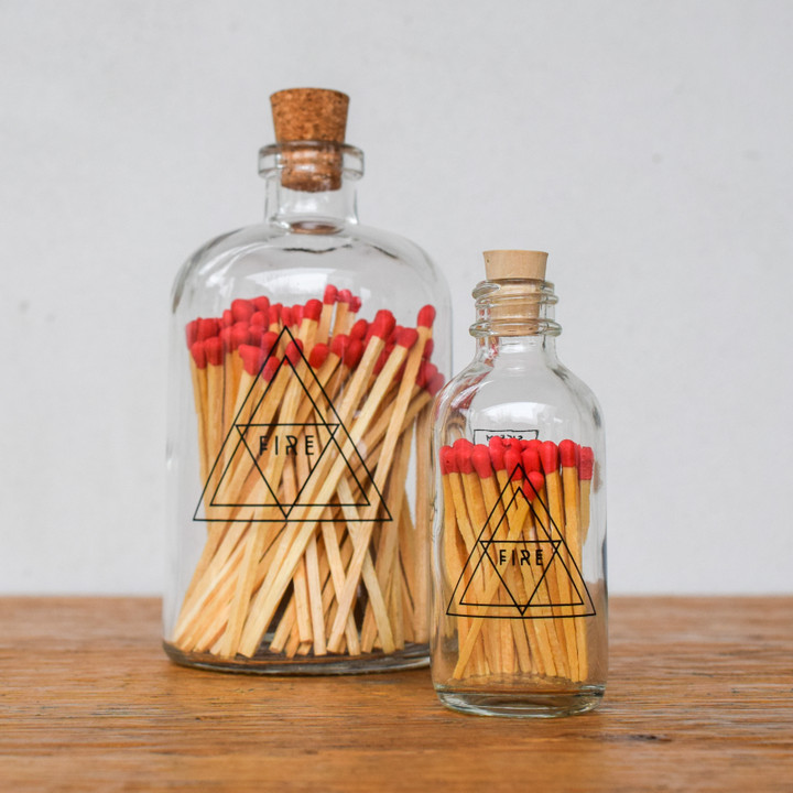 A match as beautiful as your candle! These matches are perfectly packaged in apothecary-inspired bottles, each featuring a silk-screened design and a striker strip on the bottle. 

